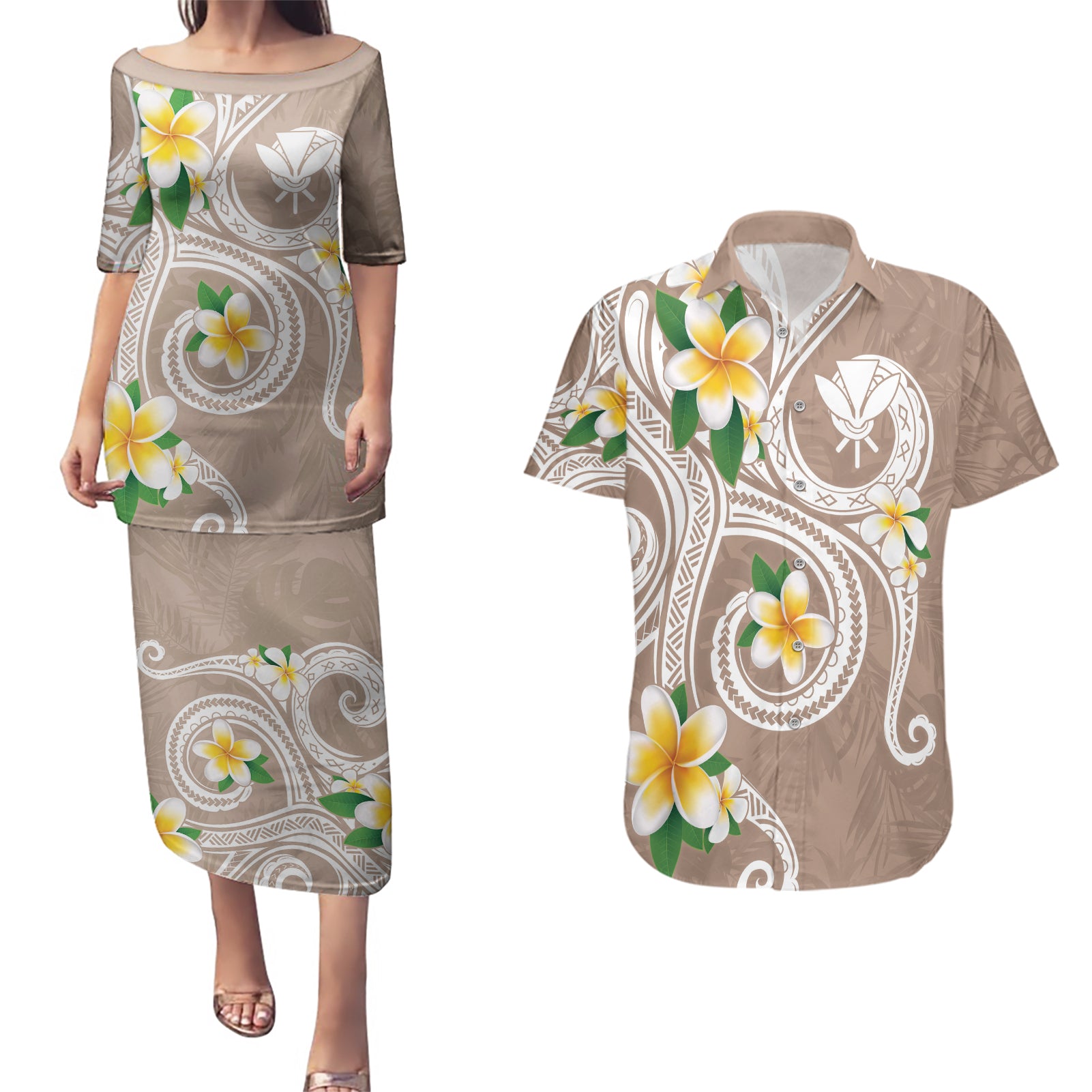 Kanaka Maoli Hawaii Plumeria Couples Matching Puletasi and Hawaiian Shirt Dancing Tentacles Beige Style
