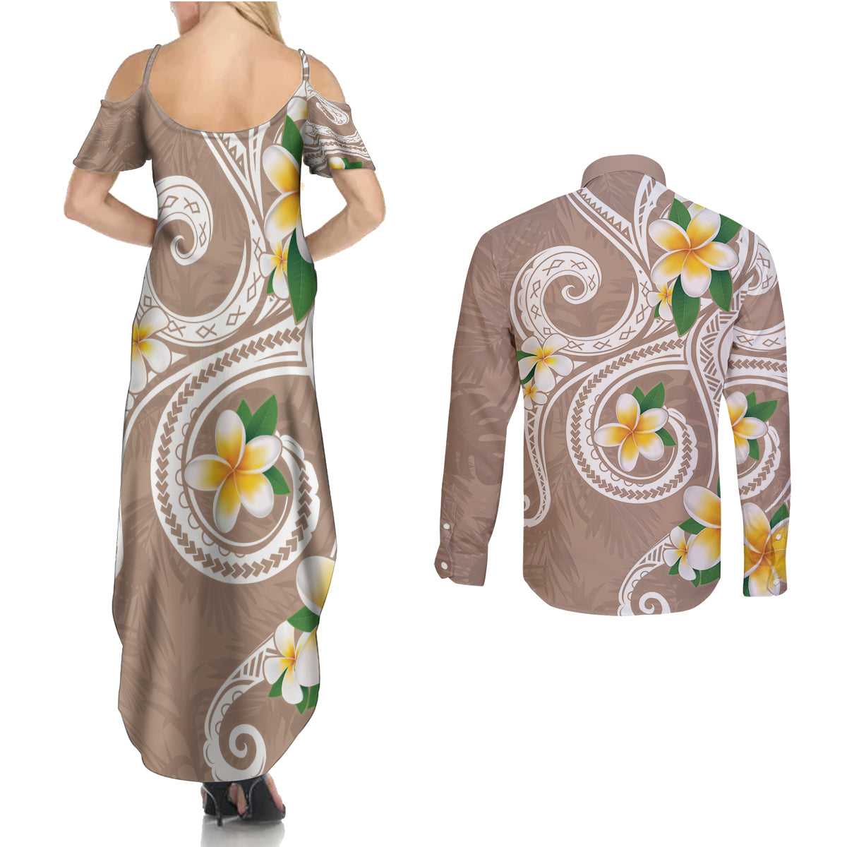 Kanaka Maoli Hawaii Plumeria Couples Matching Summer Maxi Dress and Long Sleeve Button Shirt Dancing Tentacles Beige Style