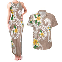Kanaka Maoli Hawaii Plumeria Couples Matching Tank Maxi Dress and Hawaiian Shirt Dancing Tentacles Beige Style