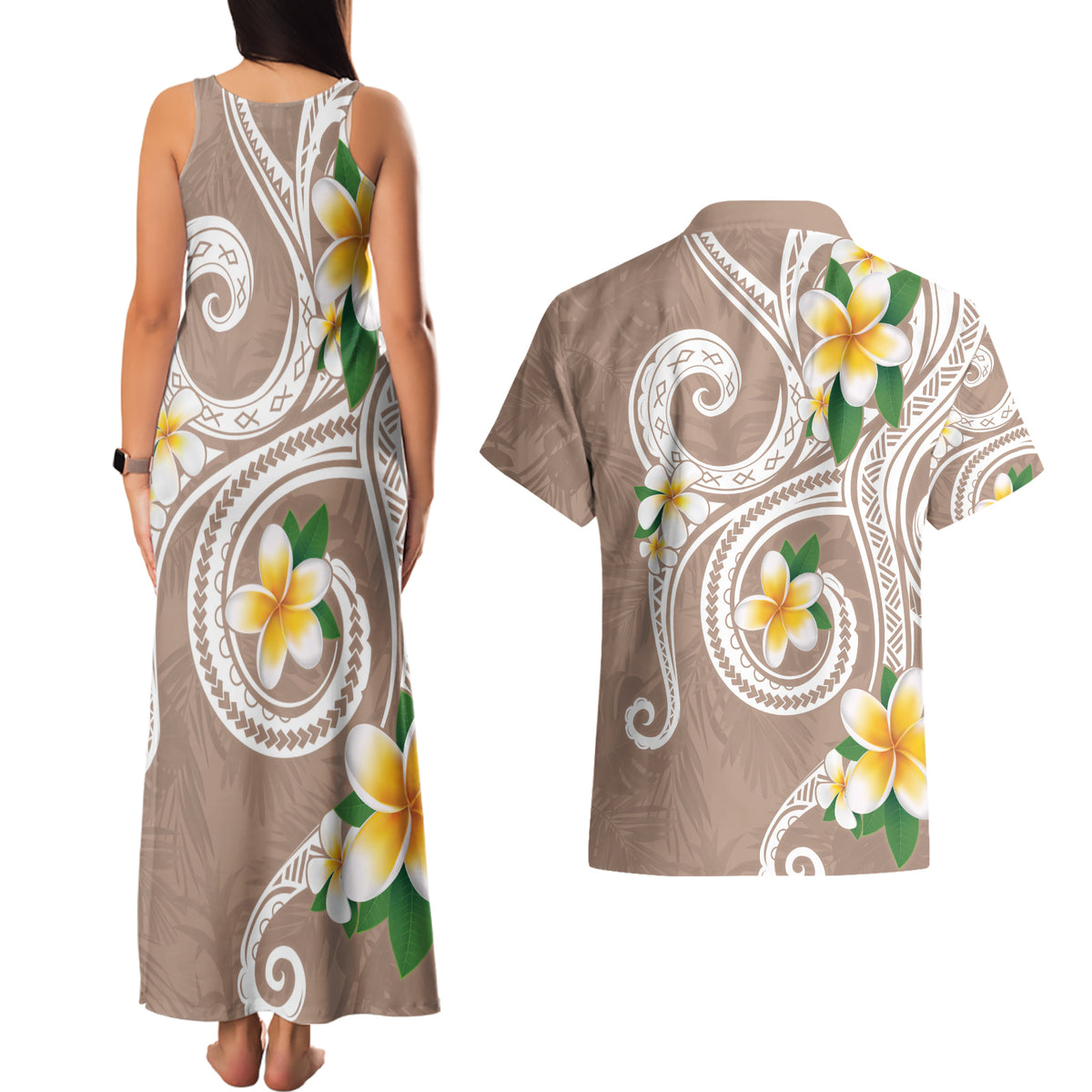 Kanaka Maoli Hawaii Plumeria Couples Matching Tank Maxi Dress and Hawaiian Shirt Dancing Tentacles Beige Style