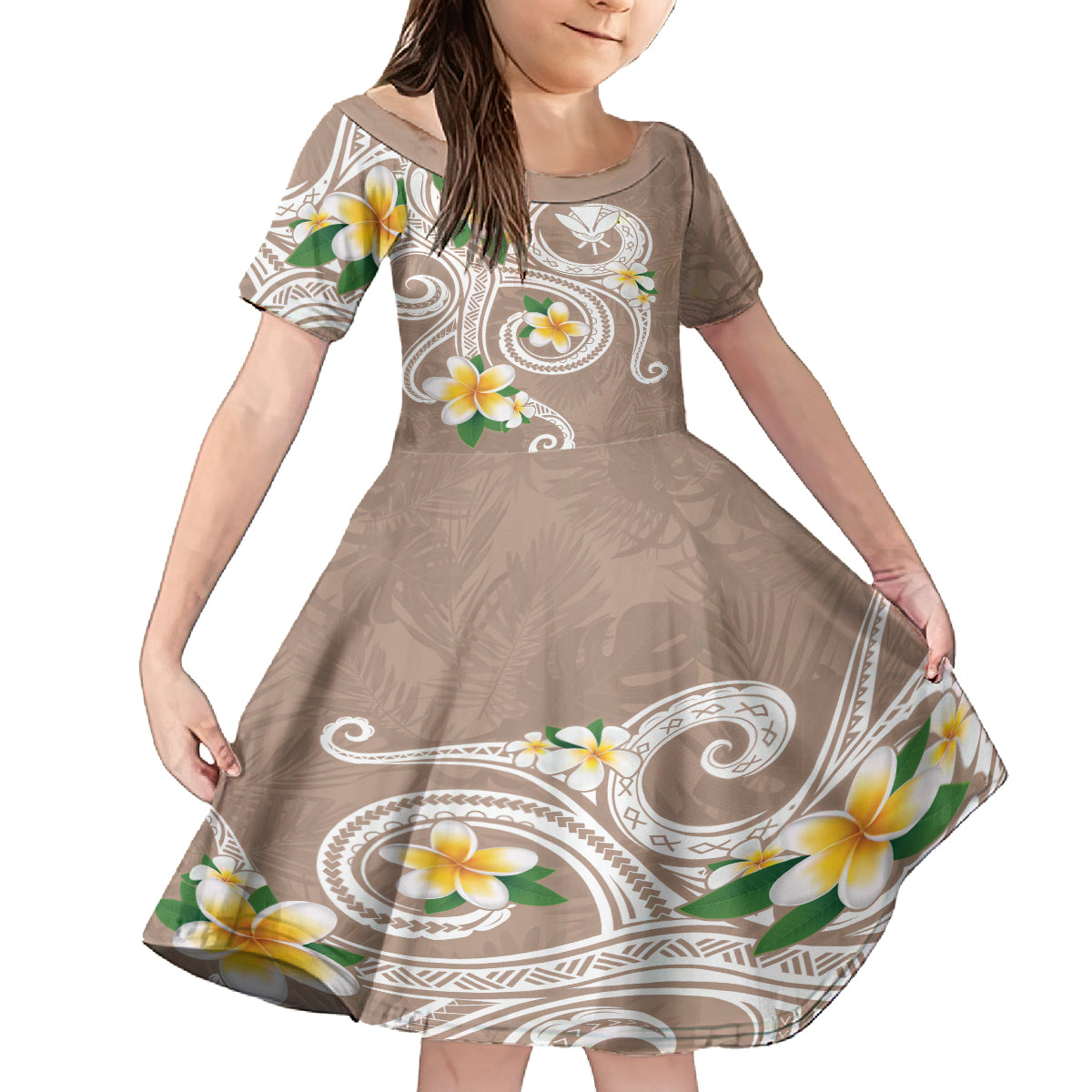 Kanaka Maoli Hawaii Plumeria Family Matching Long Sleeve Bodycon Dress and Hawaiian Shirt Dancing Tentacles Beige Style