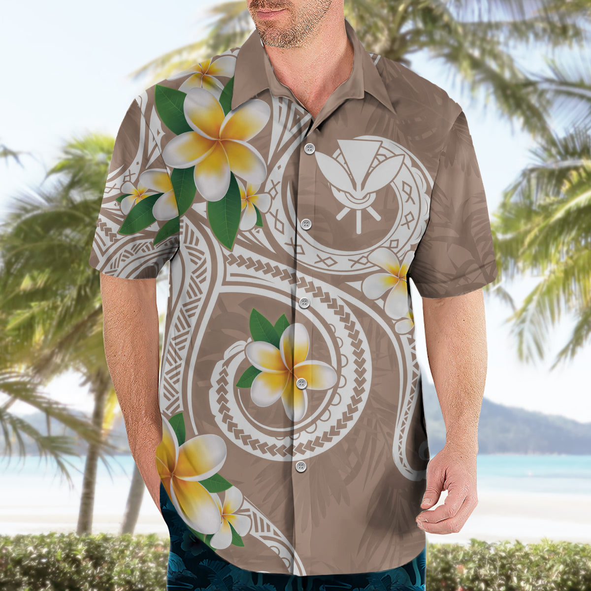 Kanaka Maoli Hawaii Plumeria Hawaiian Shirt Dancing Tentacles Beige Style