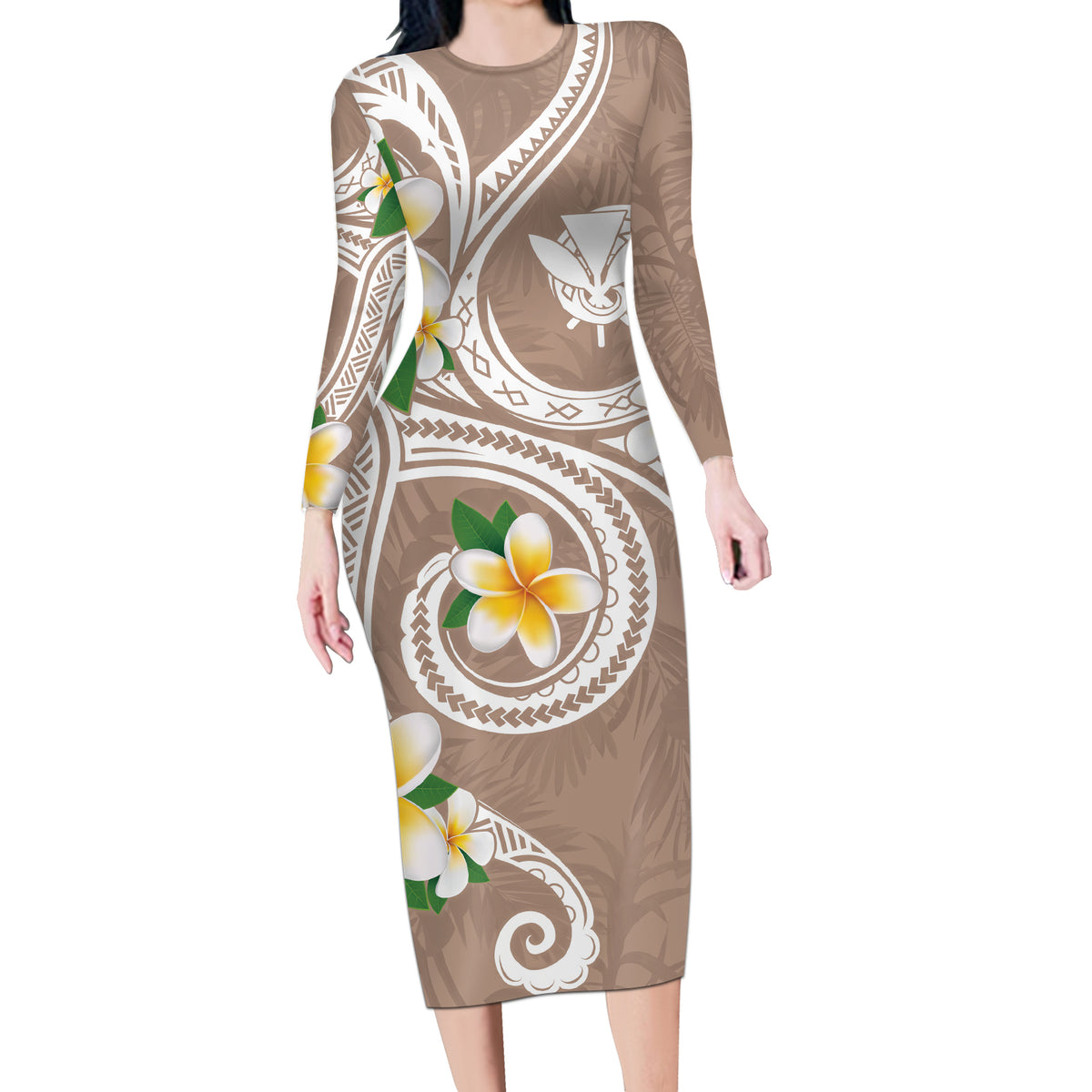 Kanaka Maoli Hawaii Plumeria Long Sleeve Bodycon Dress Dancing Tentacles Beige Style