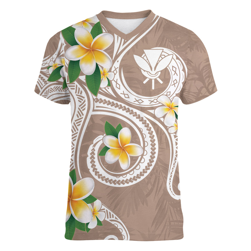 Kanaka Maoli Hawaii Plumeria Women V-Neck T-Shirt Dancing Tentacles Beige Style