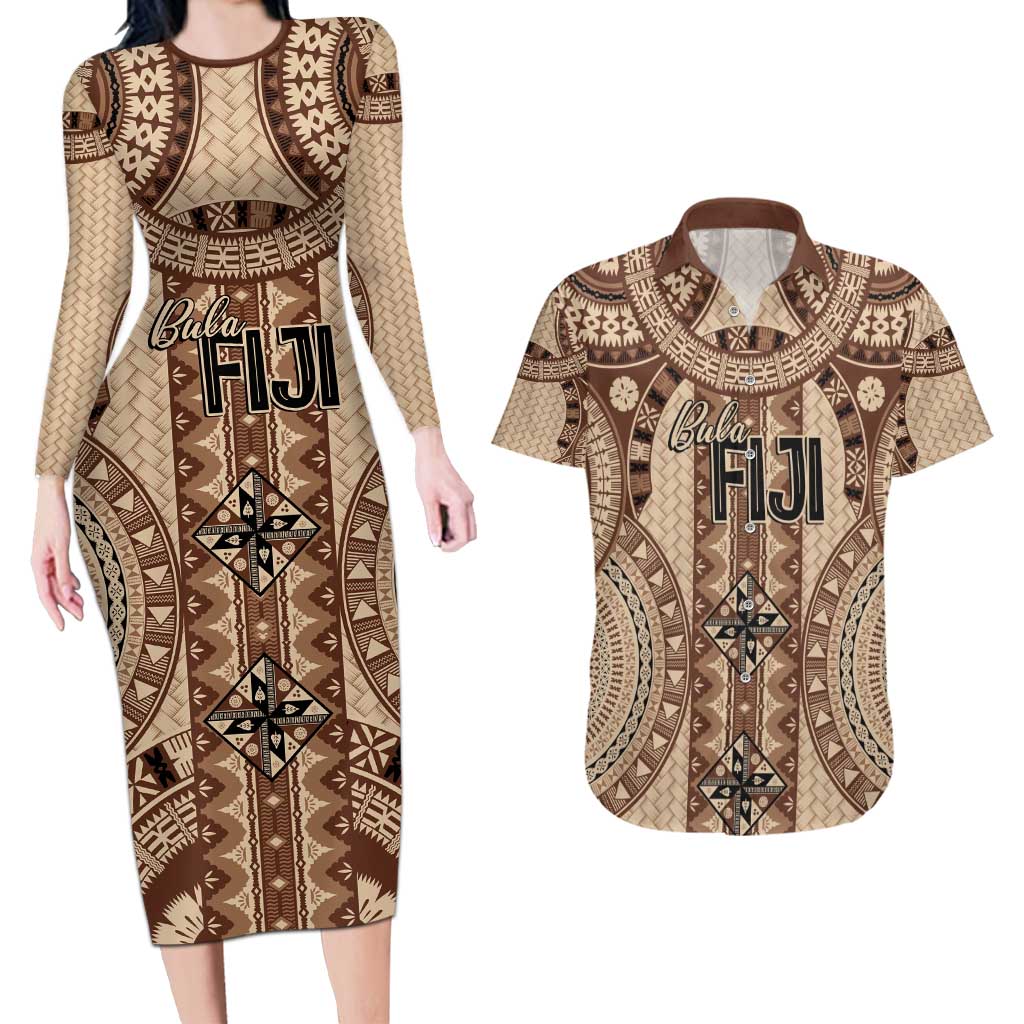 Bula Fiji Vintage Couples Matching Long Sleeve Bodycon Dress and Hawaiian Shirt Brown Masi Motifs