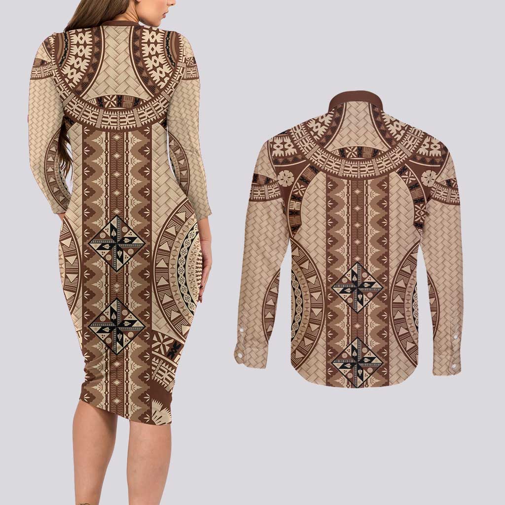 Bula Fiji Vintage Couples Matching Long Sleeve Bodycon Dress and Long Sleeve Button Shirt Brown Masi Motifs