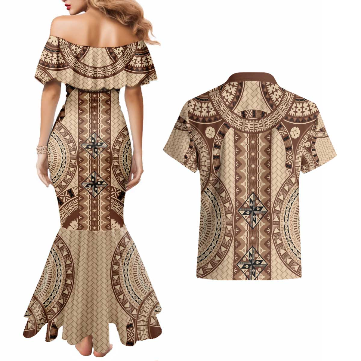 Bula Fiji Vintage Couples Matching Mermaid Dress and Hawaiian Shirt Brown Masi Motifs