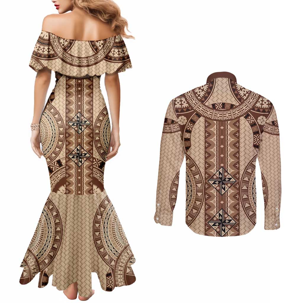 Bula Fiji Vintage Couples Matching Mermaid Dress and Long Sleeve Button Shirt Brown Masi Motifs