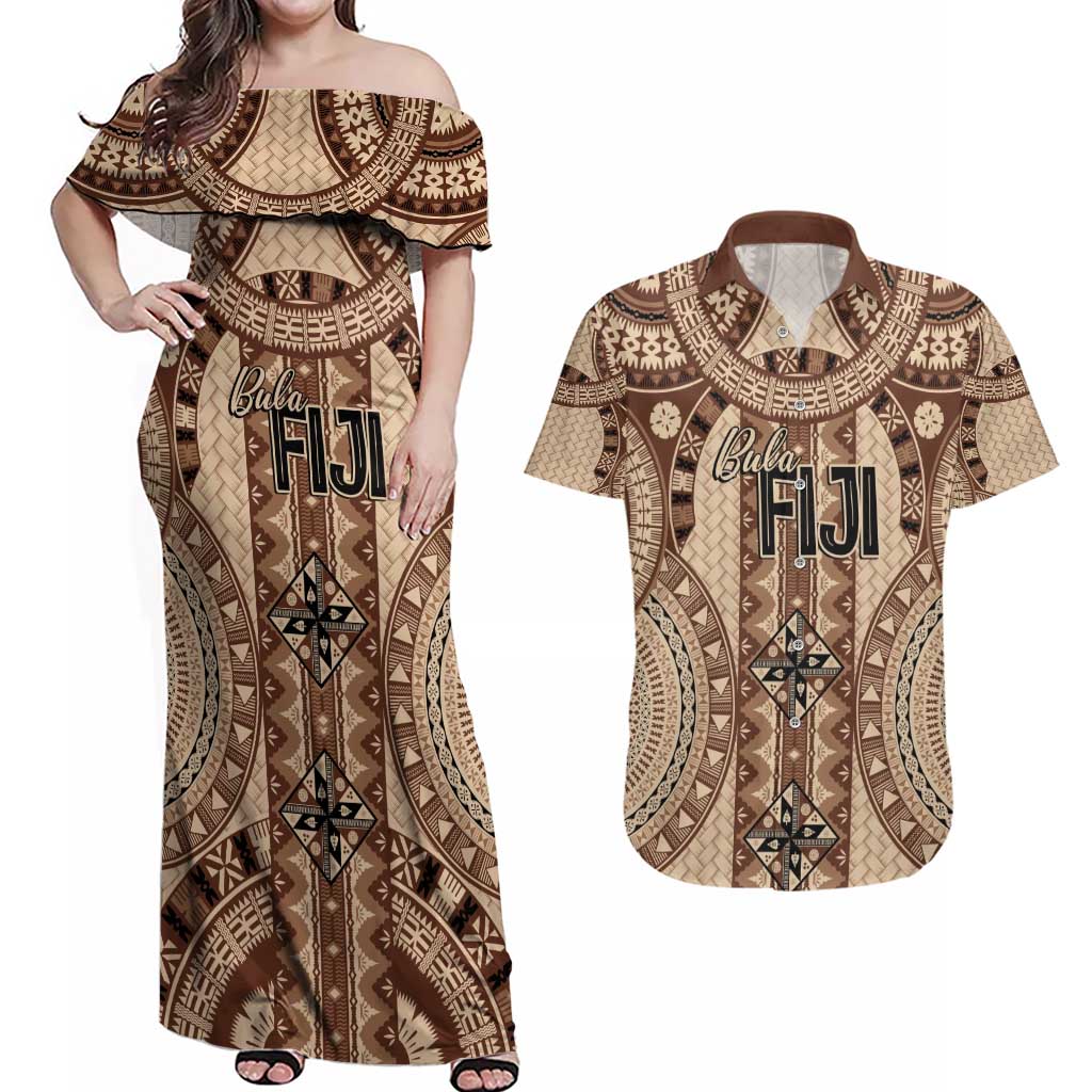 Bula Fiji Vintage Couples Matching Off Shoulder Maxi Dress and Hawaiian Shirt Brown Masi Motifs