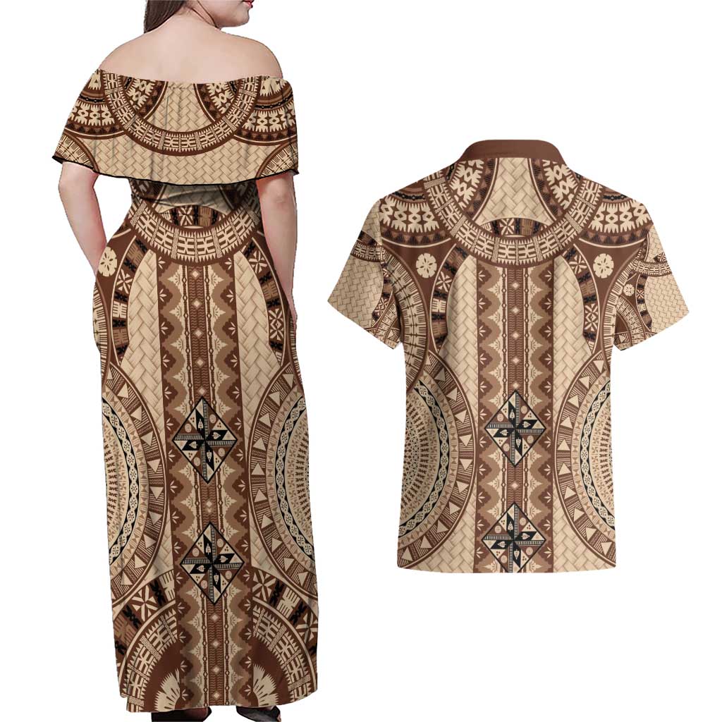 Bula Fiji Vintage Couples Matching Off Shoulder Maxi Dress and Hawaiian Shirt Brown Masi Motifs