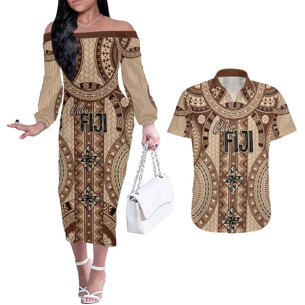 Bula Fiji Vintage Couples Matching Off The Shoulder Long Sleeve Dress and Hawaiian Shirt Brown Masi Motifs