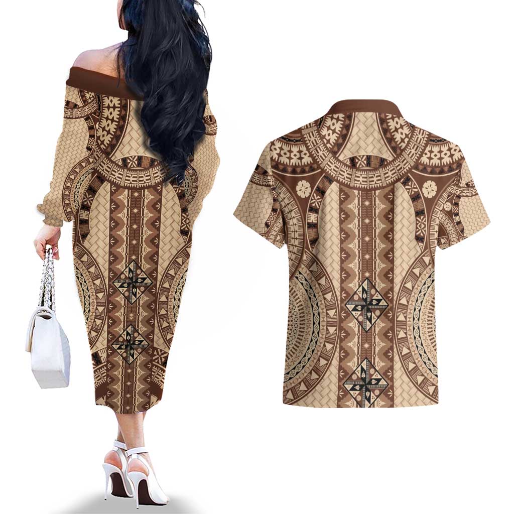 Bula Fiji Vintage Couples Matching Off The Shoulder Long Sleeve Dress and Hawaiian Shirt Brown Masi Motifs