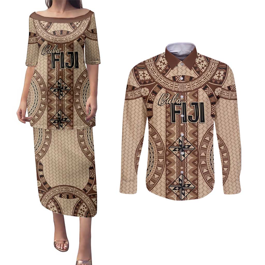 Bula Fiji Vintage Couples Matching Puletasi and Long Sleeve Button Shirt Brown Masi Motifs