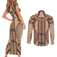 Bula Fiji Vintage Couples Matching Short Sleeve Bodycon Dress and Long Sleeve Button Shirt Brown Masi Motifs