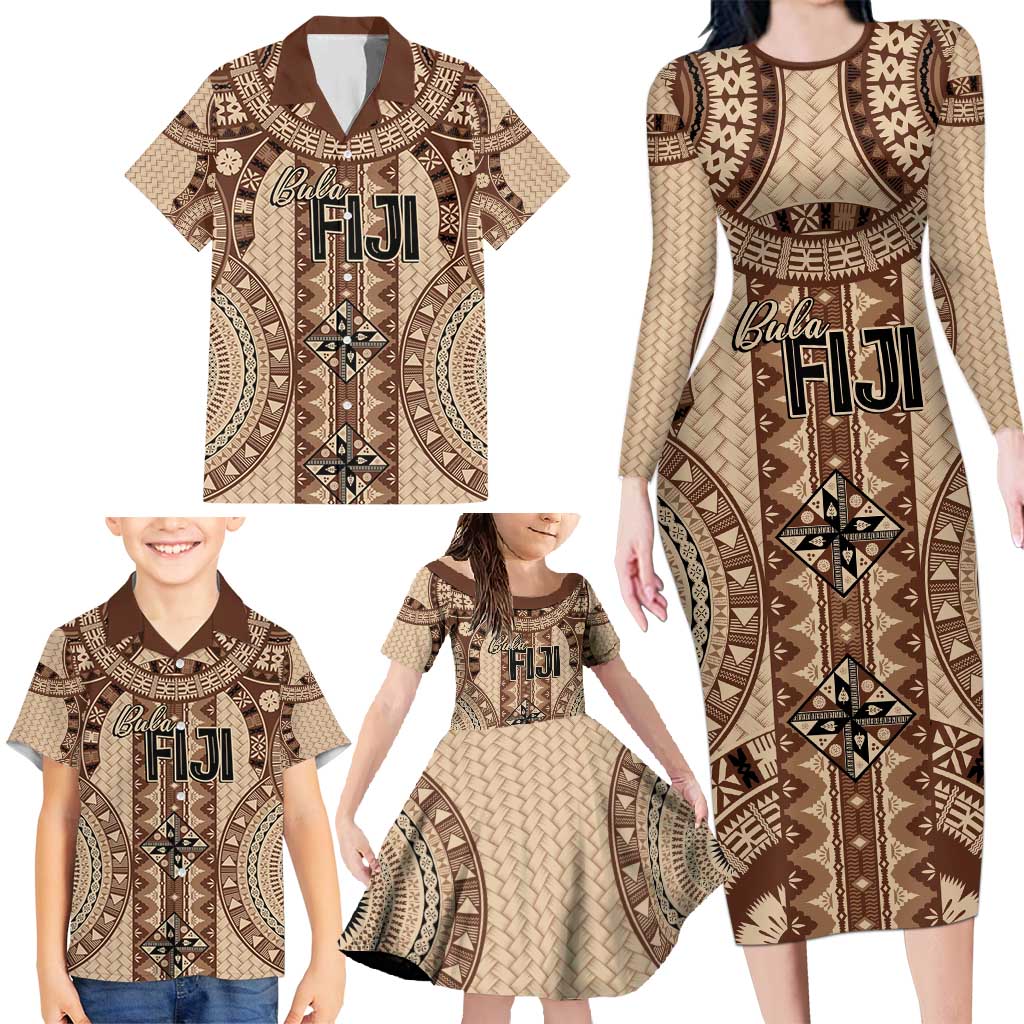 Bula Fiji Vintage Family Matching Long Sleeve Bodycon Dress and Hawaiian Shirt Brown Masi Motifs
