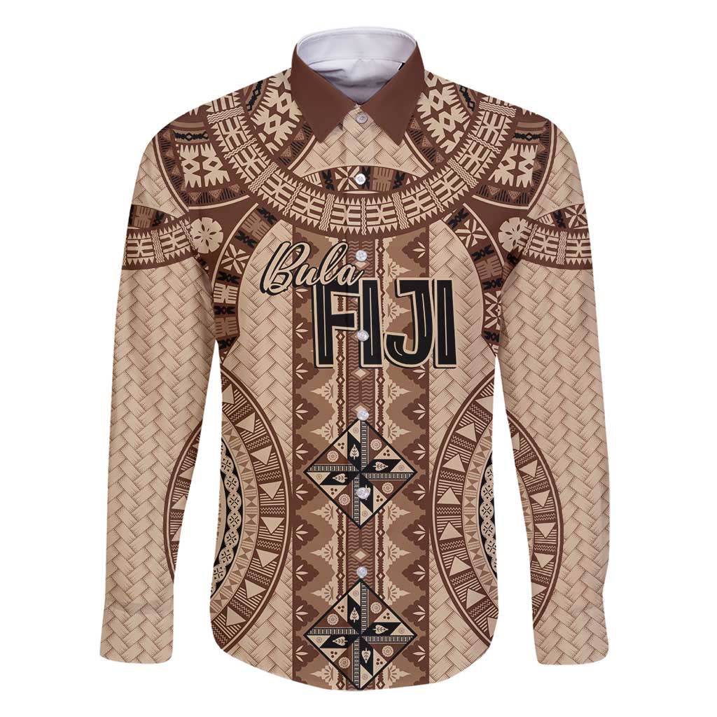 Bula Fiji Vintage Family Matching Long Sleeve Bodycon Dress and Hawaiian Shirt Brown Masi Motifs