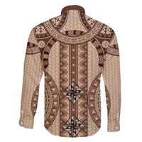 Bula Fiji Vintage Family Matching Off The Shoulder Long Sleeve Dress and Hawaiian Shirt Brown Masi Motifs