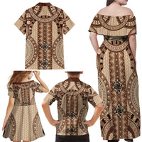 Bula Fiji Vintage Family Matching Off Shoulder Maxi Dress and Hawaiian Shirt Brown Masi Motifs