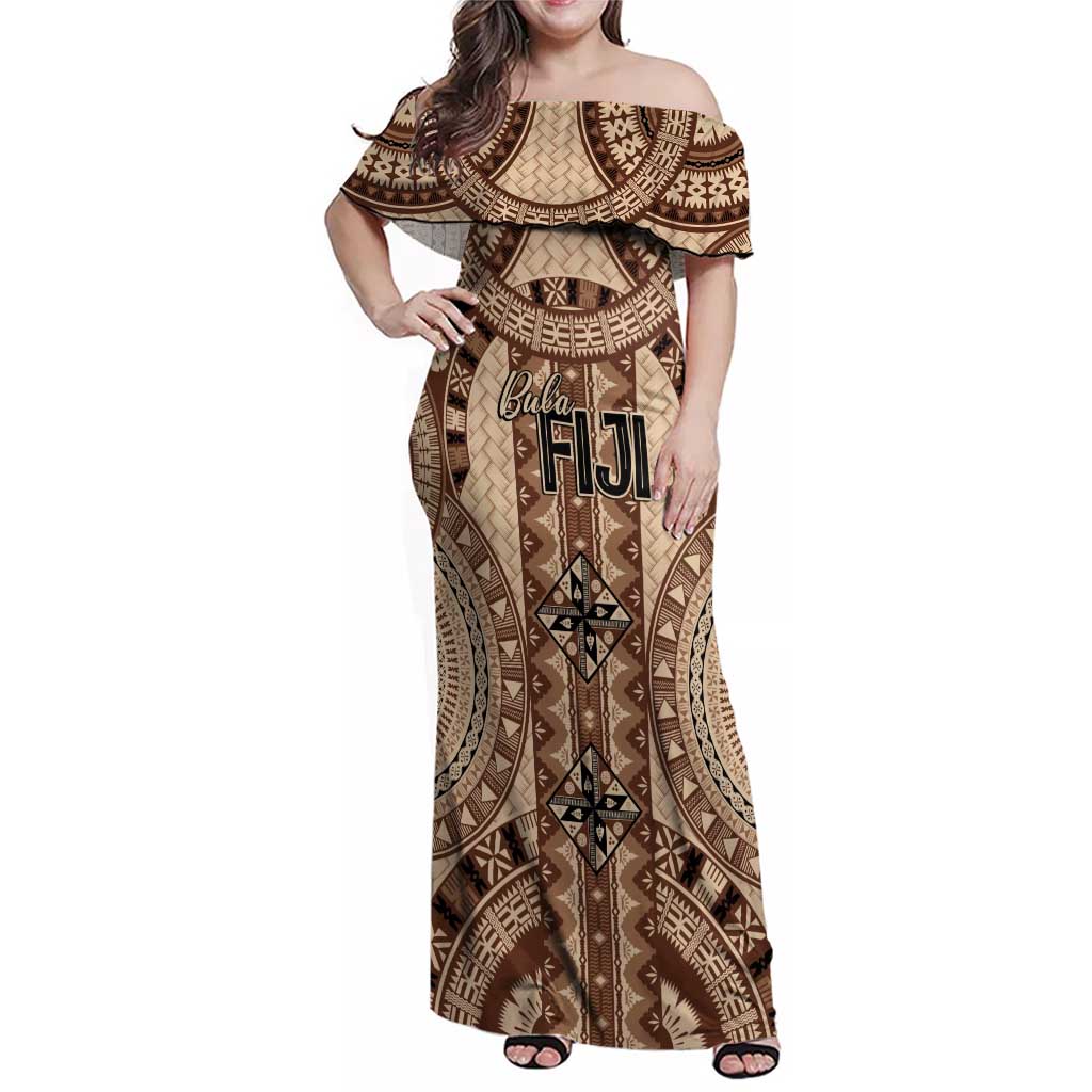Bula Fiji Vintage Family Matching Off Shoulder Maxi Dress and Hawaiian Shirt Brown Masi Motifs