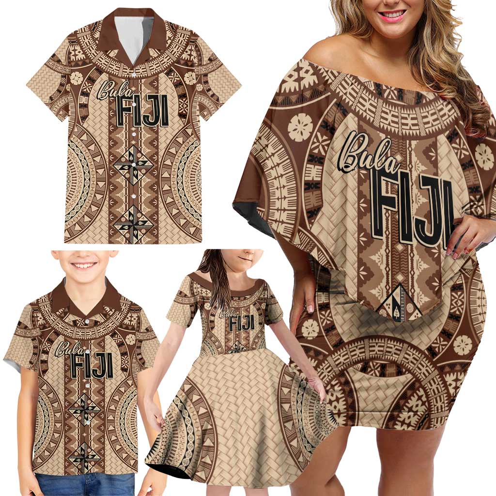 Bula Fiji Vintage Family Matching Off Shoulder Short Dress and Hawaiian Shirt Brown Masi Motifs