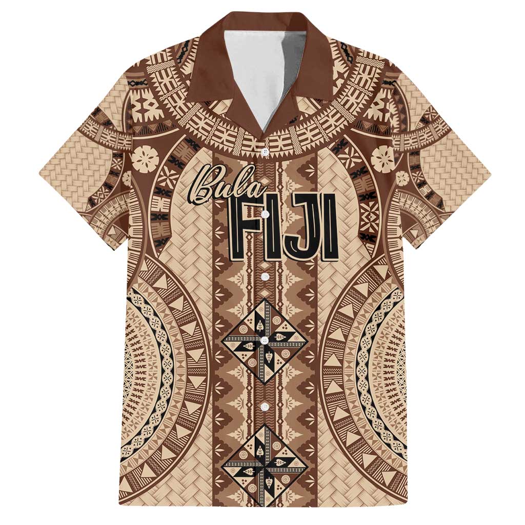 Bula Fiji Vintage Family Matching Off Shoulder Short Dress and Hawaiian Shirt Brown Masi Motifs