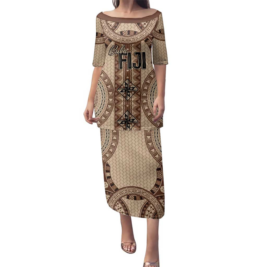 Bula Fiji Vintage Family Matching Puletasi and Hawaiian Shirt Brown Masi Motifs