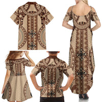 Bula Fiji Vintage Family Matching Summer Maxi Dress and Hawaiian Shirt Brown Masi Motifs