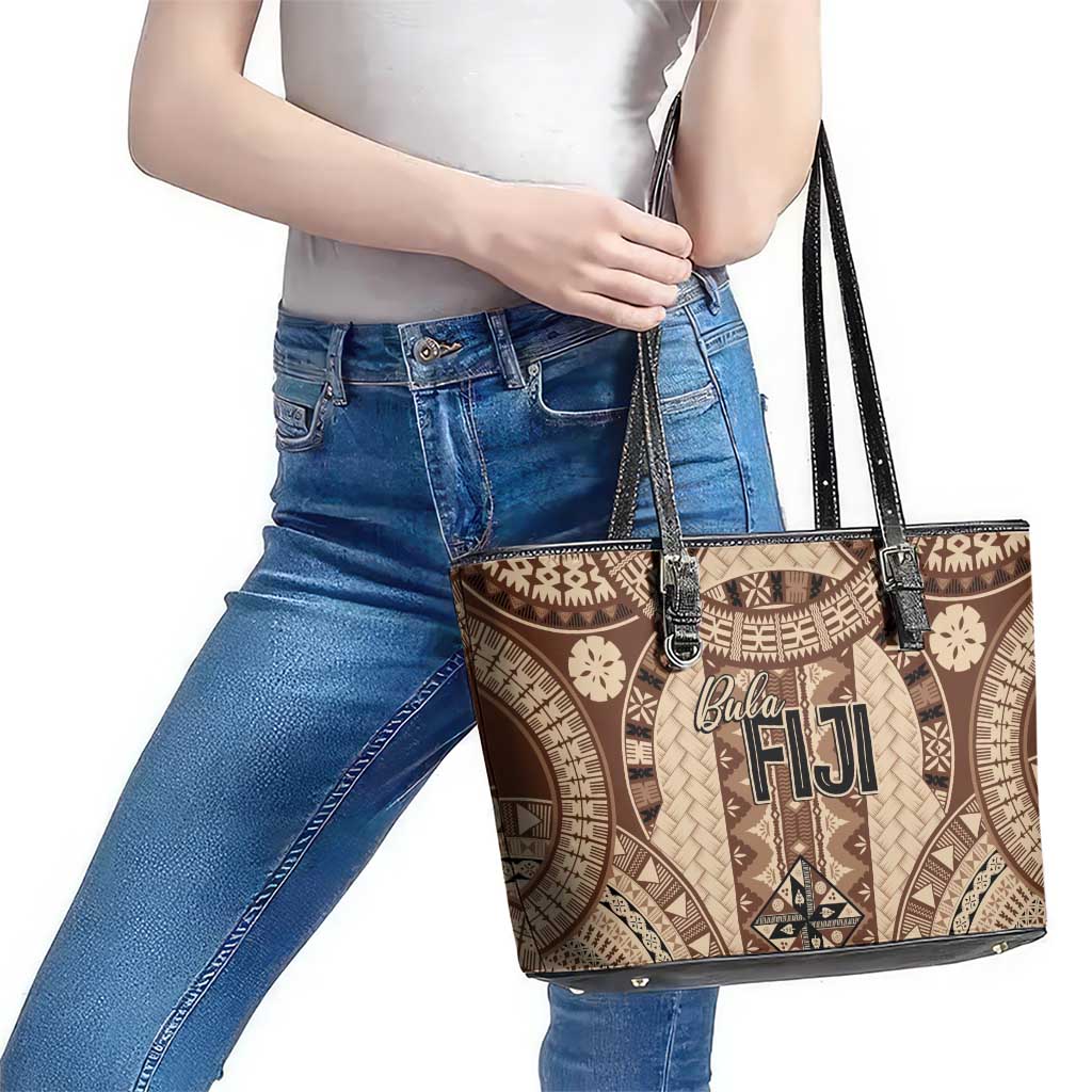 Bula Fiji Vintage Leather Tote Bag Brown Masi Motifs