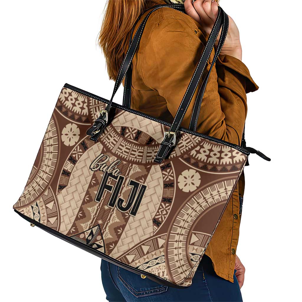 Bula Fiji Vintage Leather Tote Bag Brown Masi Motifs