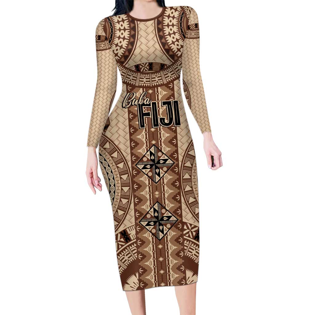 Bula Fiji Vintage Long Sleeve Bodycon Dress Brown Masi Motifs
