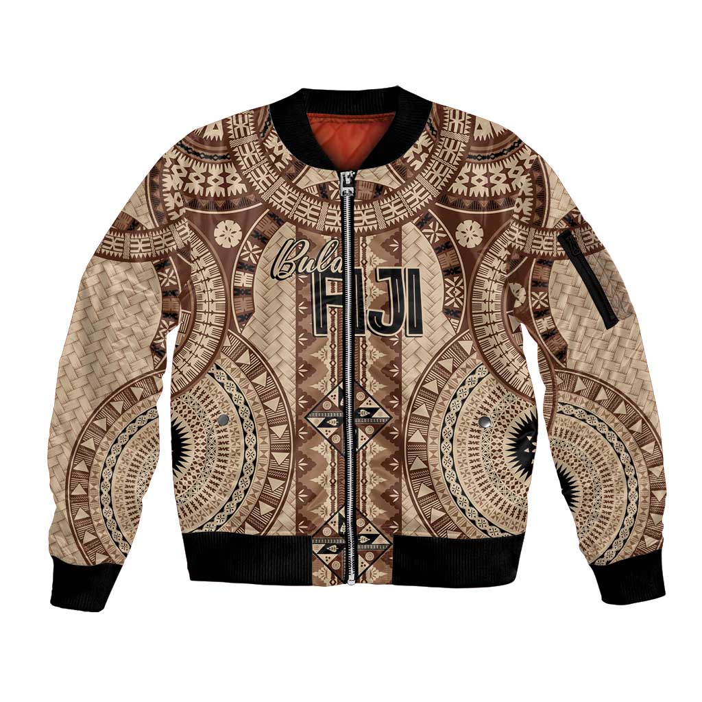 Bula Fiji Vintage Sleeve Zip Bomber Jacket Brown Masi Motifs