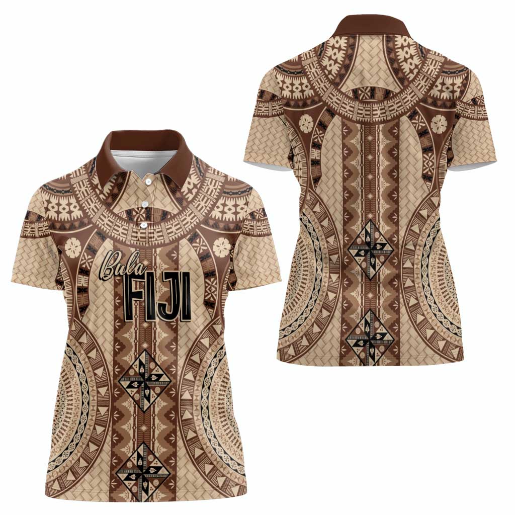 Bula Fiji Vintage Women Polo Shirt Brown Masi Motifs