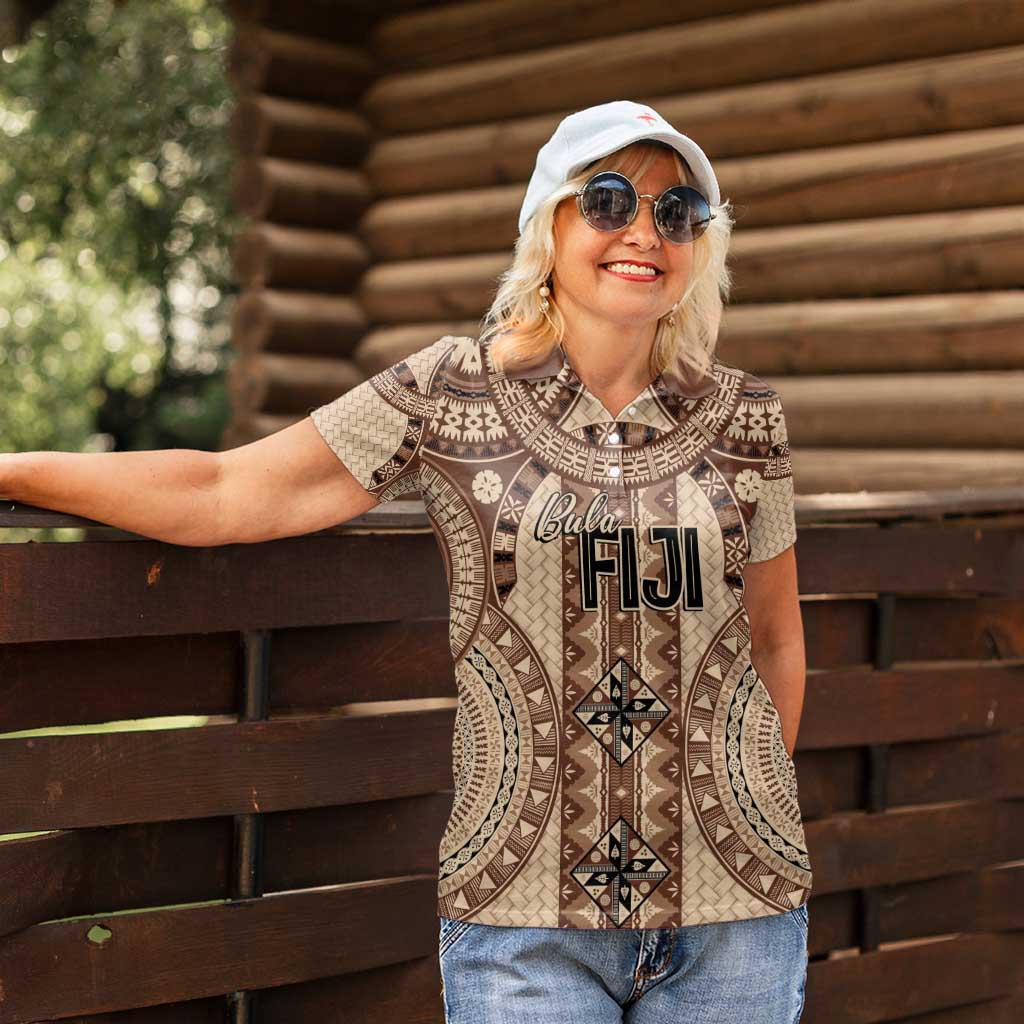 Bula Fiji Vintage Women Polo Shirt Brown Masi Motifs