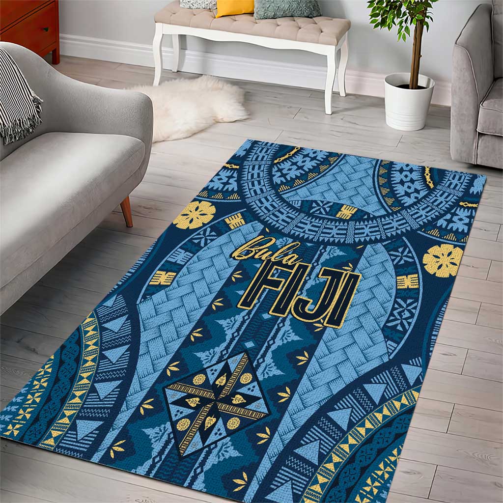 Bula Fiji Vintage Area Rug Prussian Blue Masi Motifs