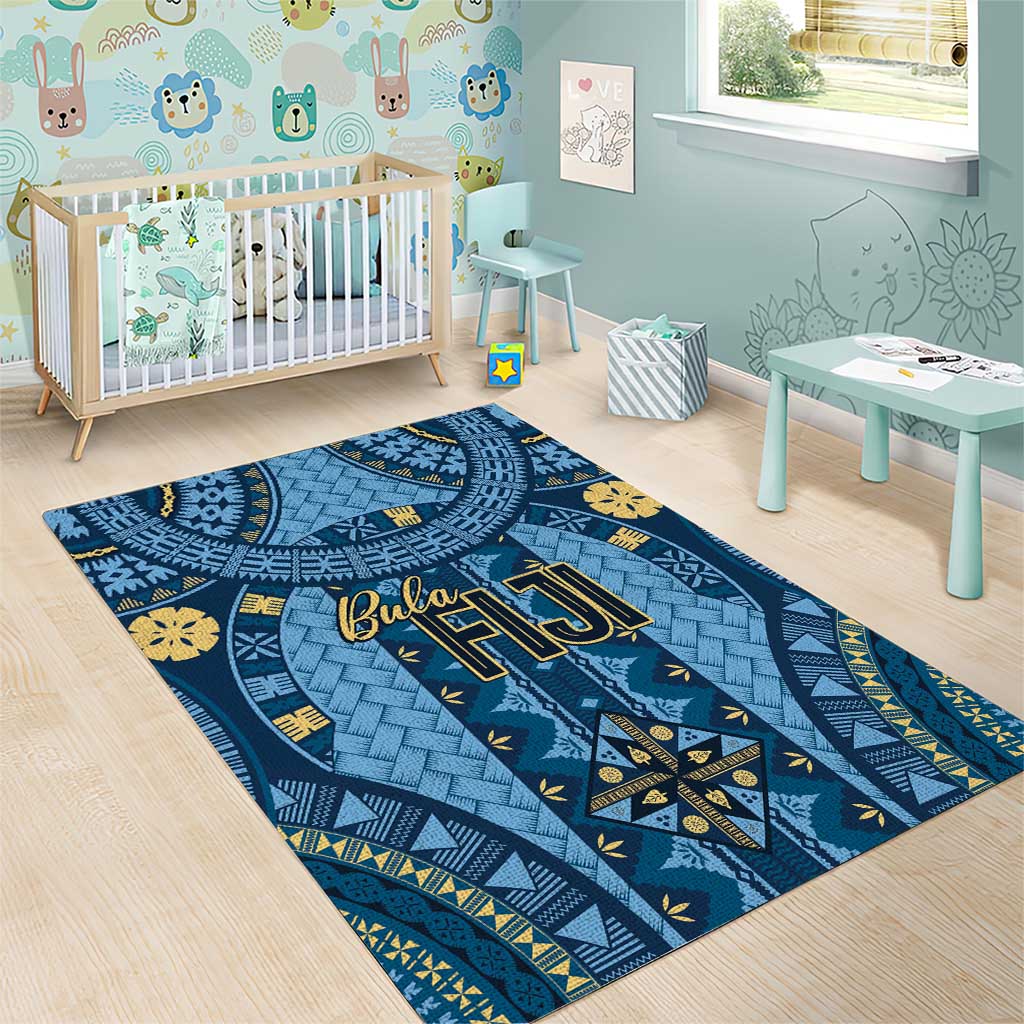 Bula Fiji Vintage Area Rug Prussian Blue Masi Motifs