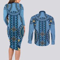 Bula Fiji Vintage Couples Matching Long Sleeve Bodycon Dress and Long Sleeve Button Shirt Prussian Blue Masi Motifs