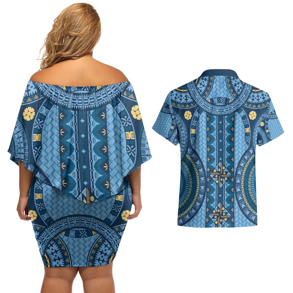 Bula Fiji Vintage Couples Matching Off Shoulder Short Dress and Hawaiian Shirt Prussian Blue Masi Motifs