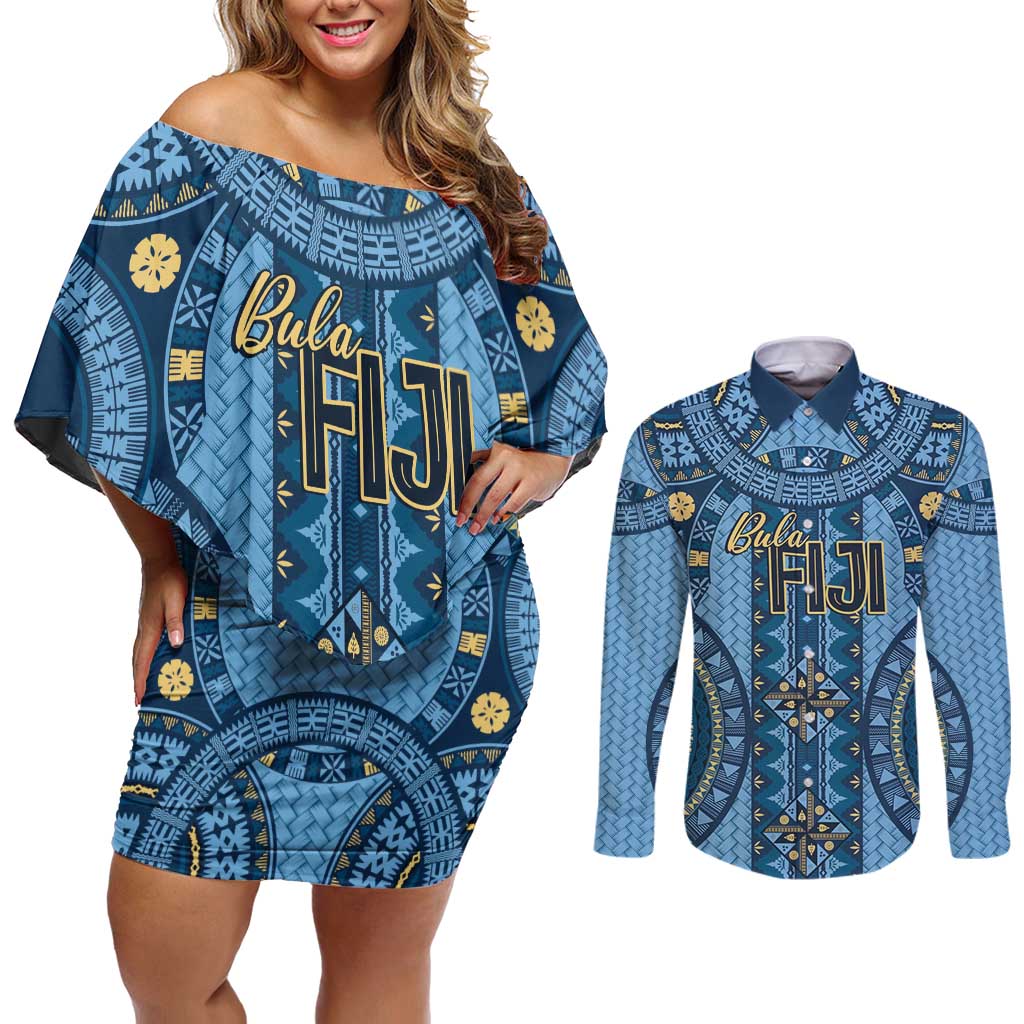 Bula Fiji Vintage Couples Matching Off Shoulder Short Dress and Long Sleeve Button Shirt Prussian Blue Masi Motifs
