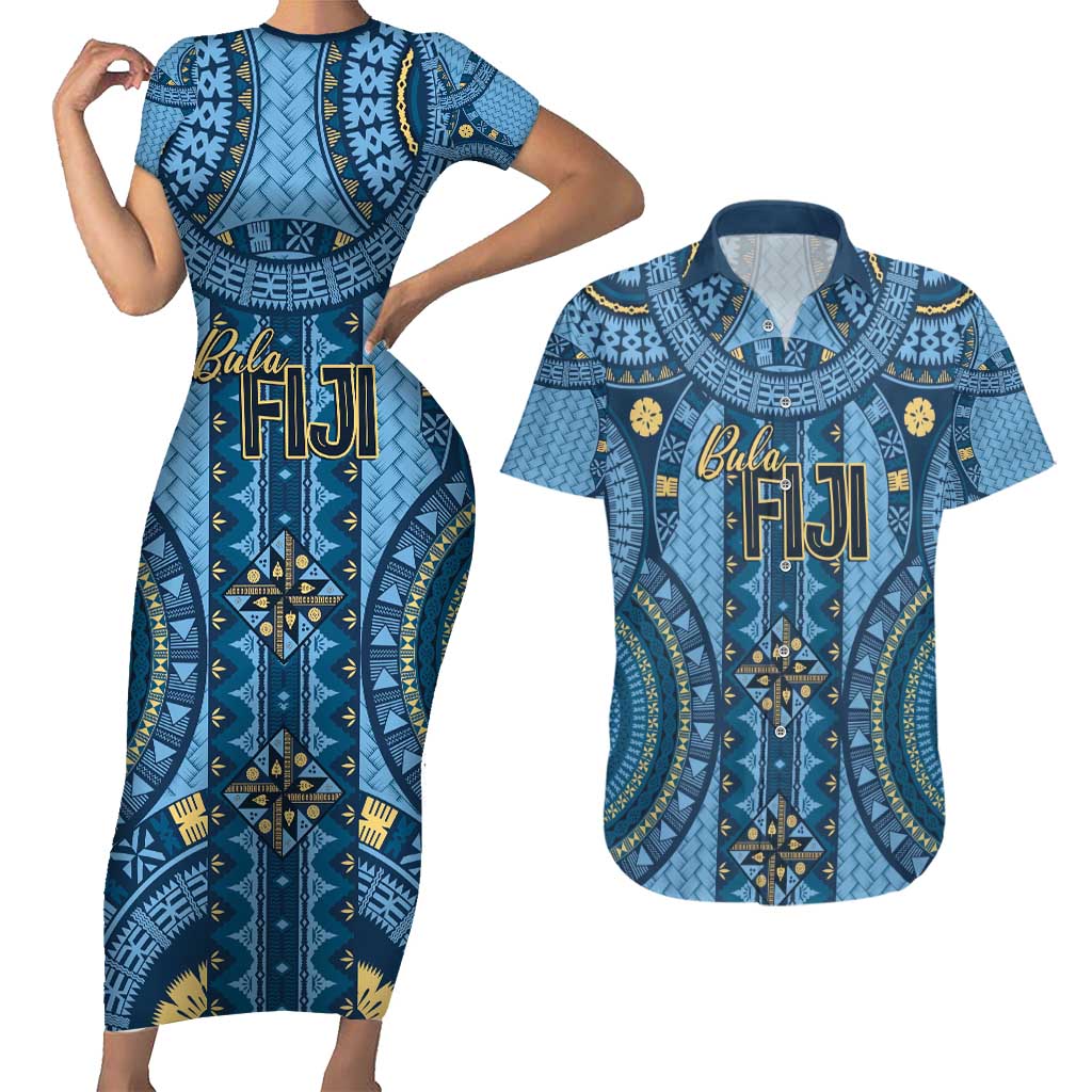 Bula Fiji Vintage Couples Matching Short Sleeve Bodycon Dress and Hawaiian Shirt Prussian Blue Masi Motifs