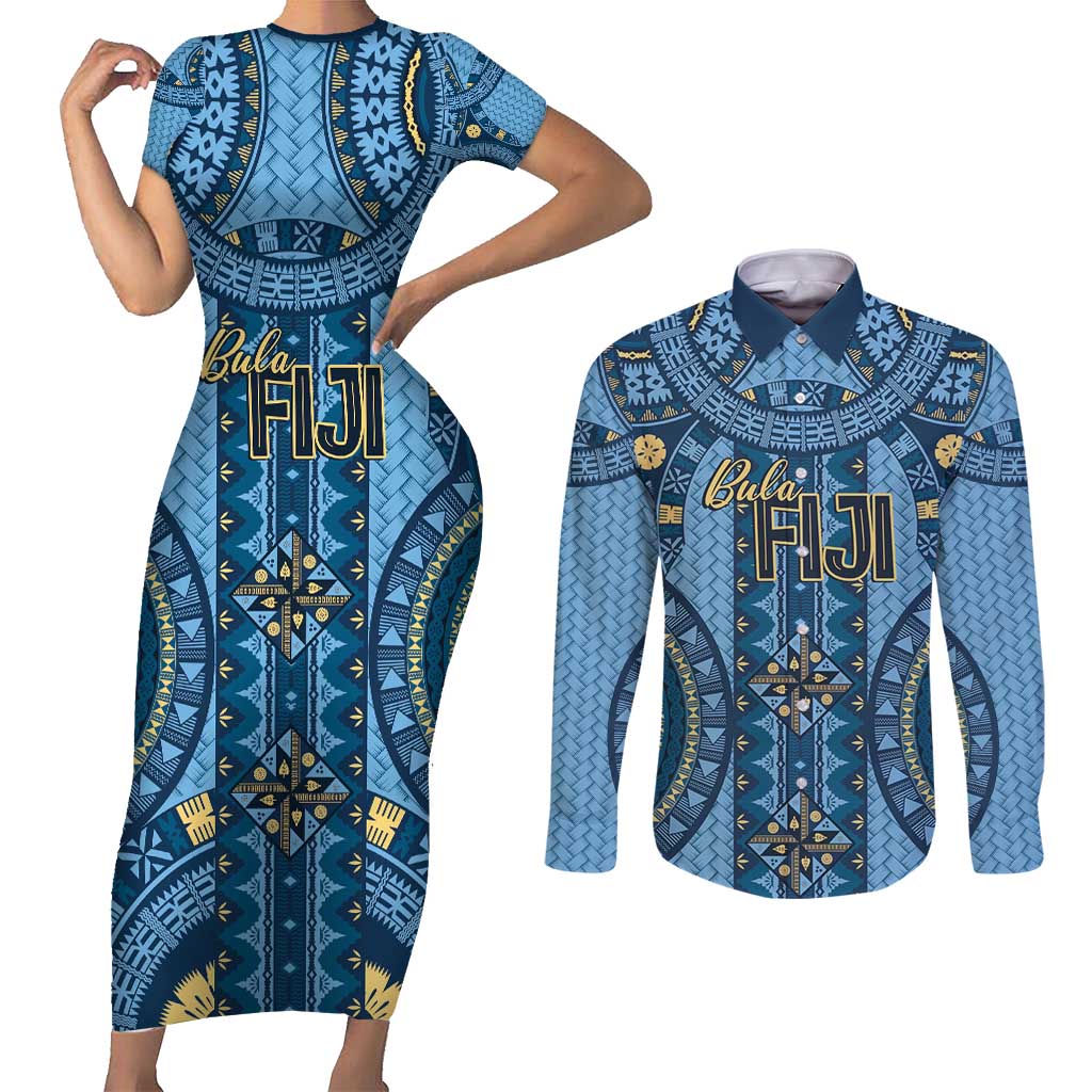 Bula Fiji Vintage Couples Matching Short Sleeve Bodycon Dress and Long Sleeve Button Shirt Prussian Blue Masi Motifs
