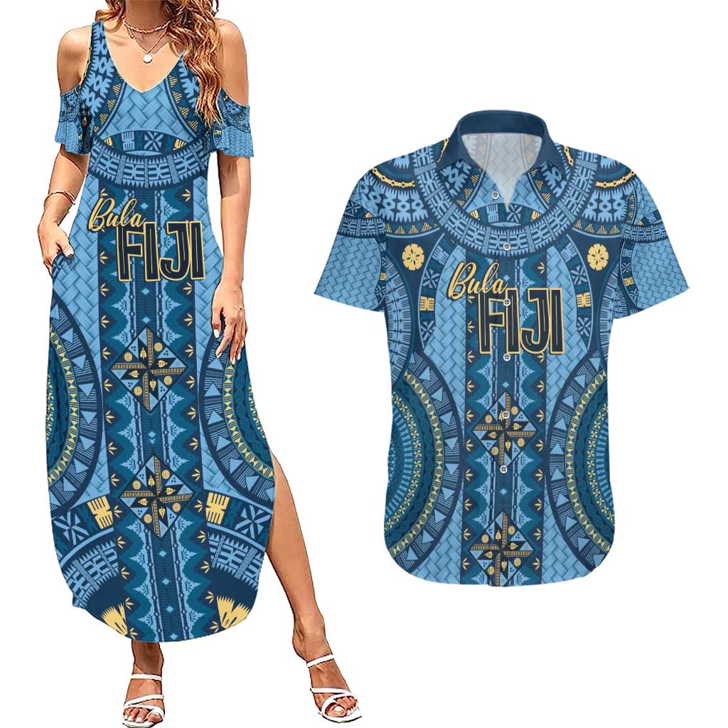 Bula Fiji Vintage Couples Matching Summer Maxi Dress and Hawaiian Shirt Prussian Blue Masi Motifs