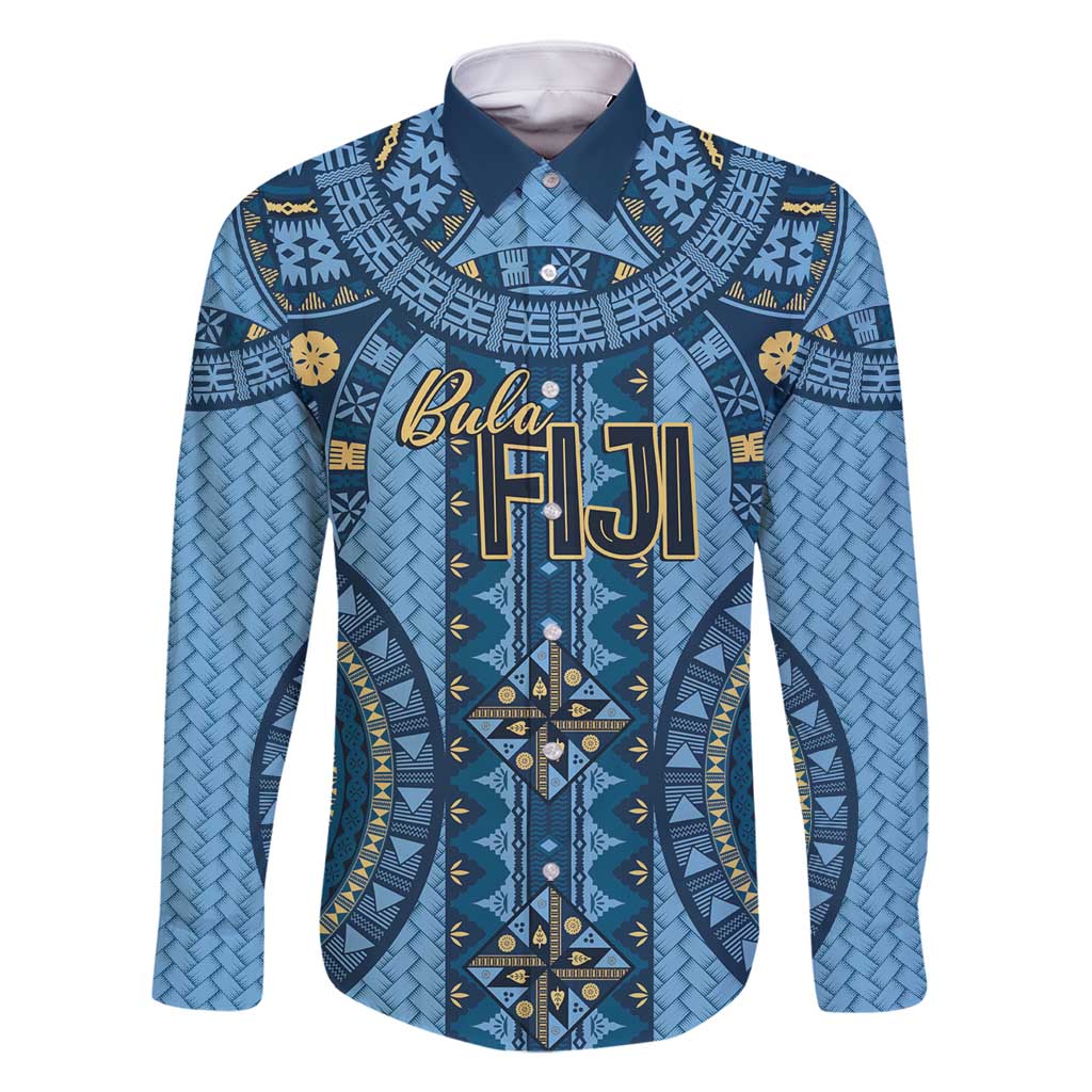 Bula Fiji Vintage Family Matching Long Sleeve Bodycon Dress and Hawaiian Shirt Prussian Blue Masi Motifs