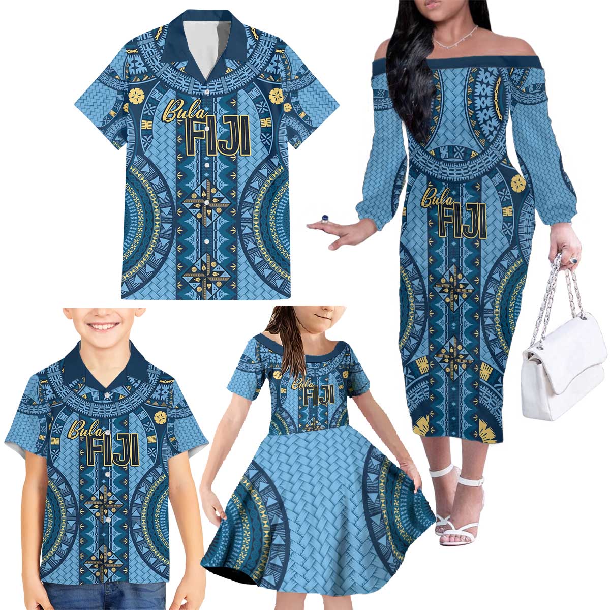 Bula Fiji Vintage Family Matching Off The Shoulder Long Sleeve Dress and Hawaiian Shirt Prussian Blue Masi Motifs