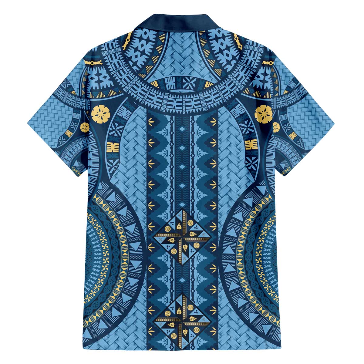 Bula Fiji Vintage Family Matching Off The Shoulder Long Sleeve Dress and Hawaiian Shirt Prussian Blue Masi Motifs