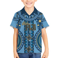 Bula Fiji Vintage Family Matching Off The Shoulder Long Sleeve Dress and Hawaiian Shirt Prussian Blue Masi Motifs