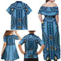 Bula Fiji Vintage Family Matching Off Shoulder Maxi Dress and Hawaiian Shirt Prussian Blue Masi Motifs
