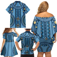 Bula Fiji Vintage Family Matching Off Shoulder Short Dress and Hawaiian Shirt Prussian Blue Masi Motifs