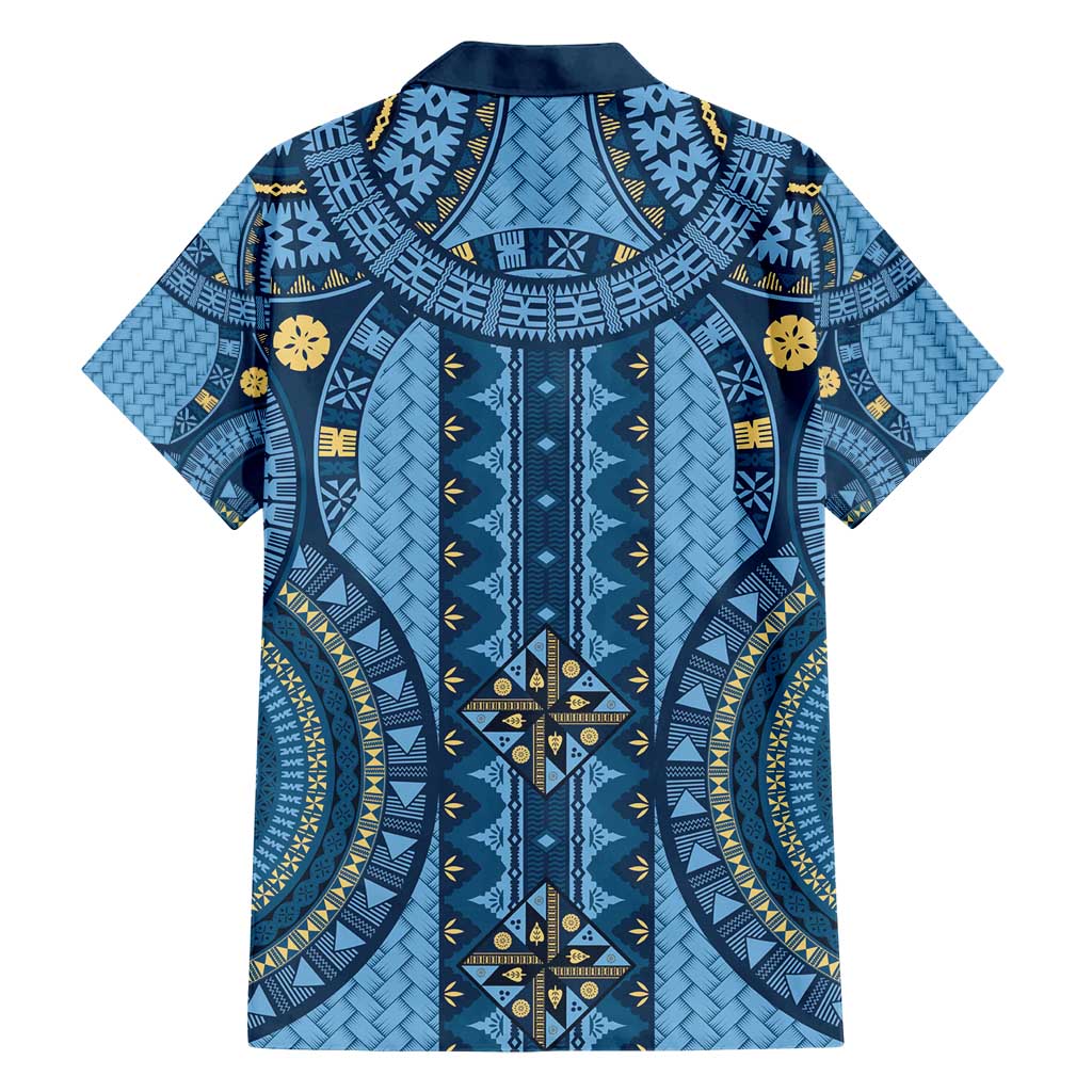 Bula Fiji Vintage Family Matching Short Sleeve Bodycon Dress and Hawaiian Shirt Prussian Blue Masi Motifs