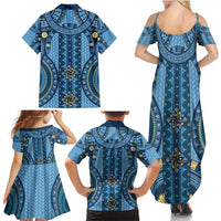 Bula Fiji Vintage Family Matching Summer Maxi Dress and Hawaiian Shirt Prussian Blue Masi Motifs