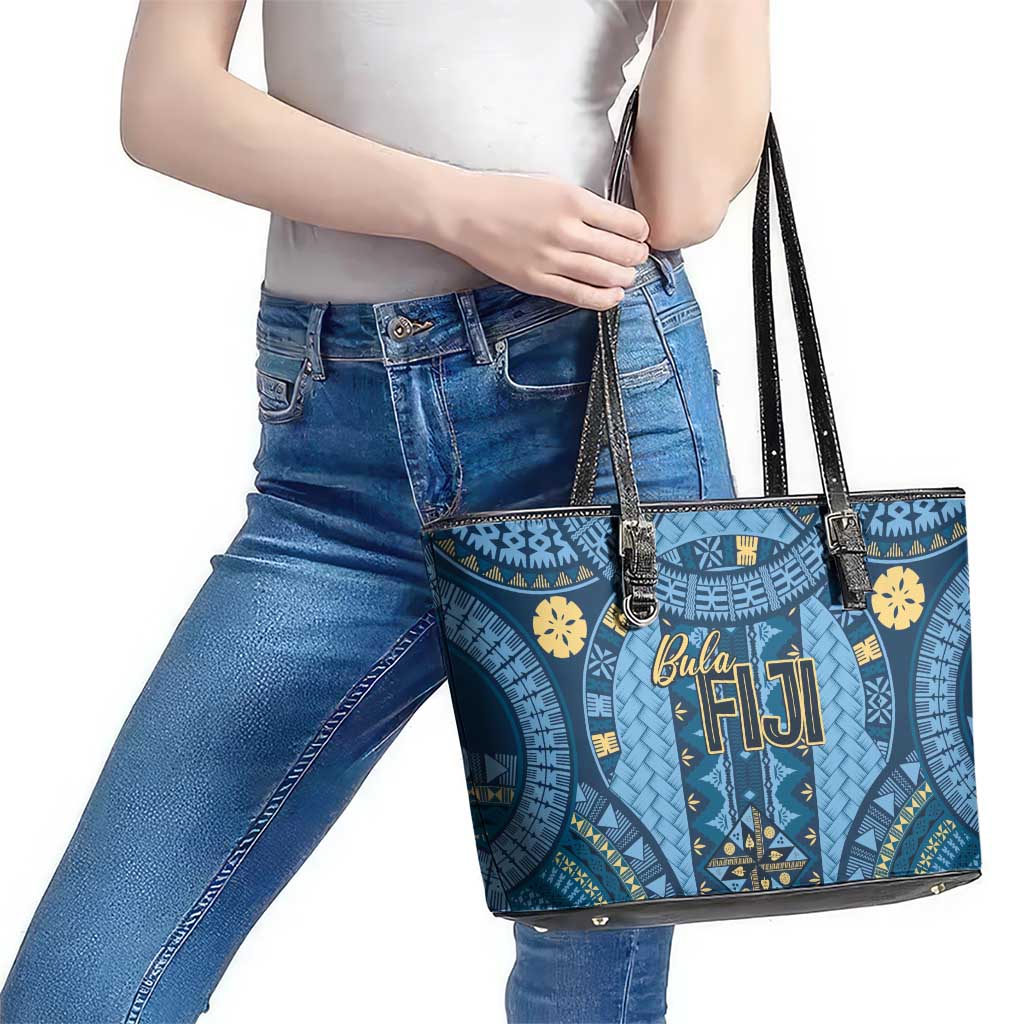 Bula Fiji Vintage Leather Tote Bag Prussian Blue Masi Motifs